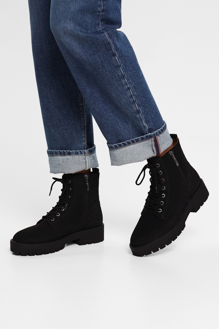 Faux sue lace-up boots- Black