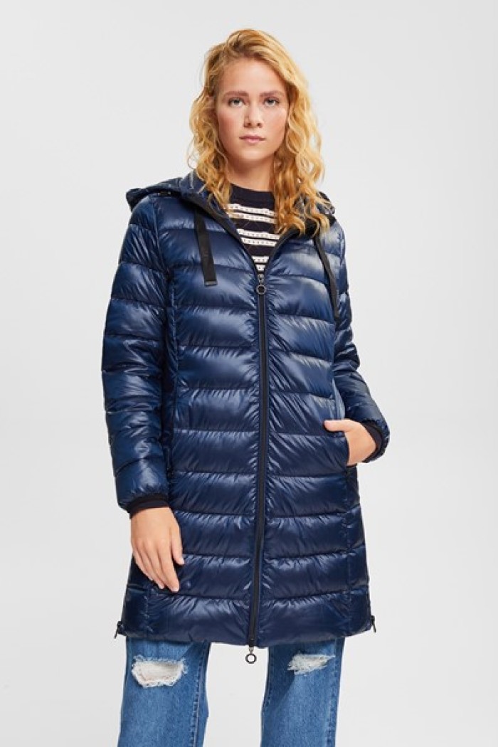 Quilted coat with detachable drawstring hood-Blue