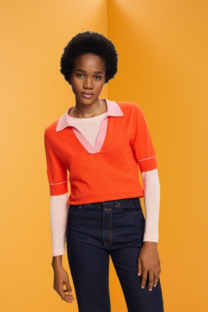Polo Orange- Woven V-neck jumper with linen