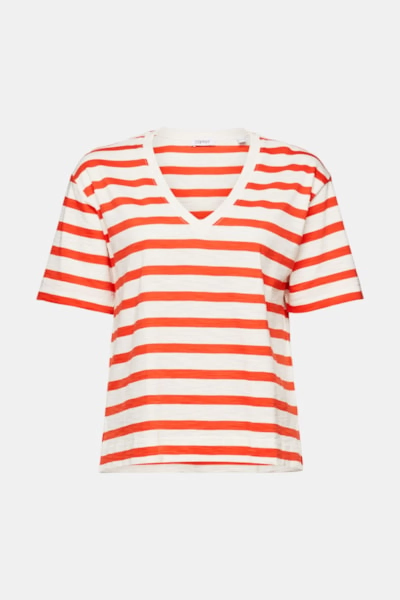 Camiseta Rayas Naranja y  blanco- Striped V-Neck T-Shirt