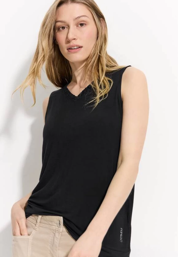 Solid Top with Gathered V neck- black