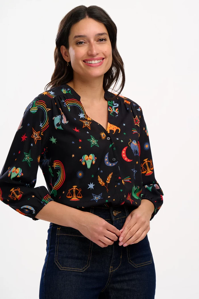 Elkie Blouse - Black, Zodiac Rainbow Skies