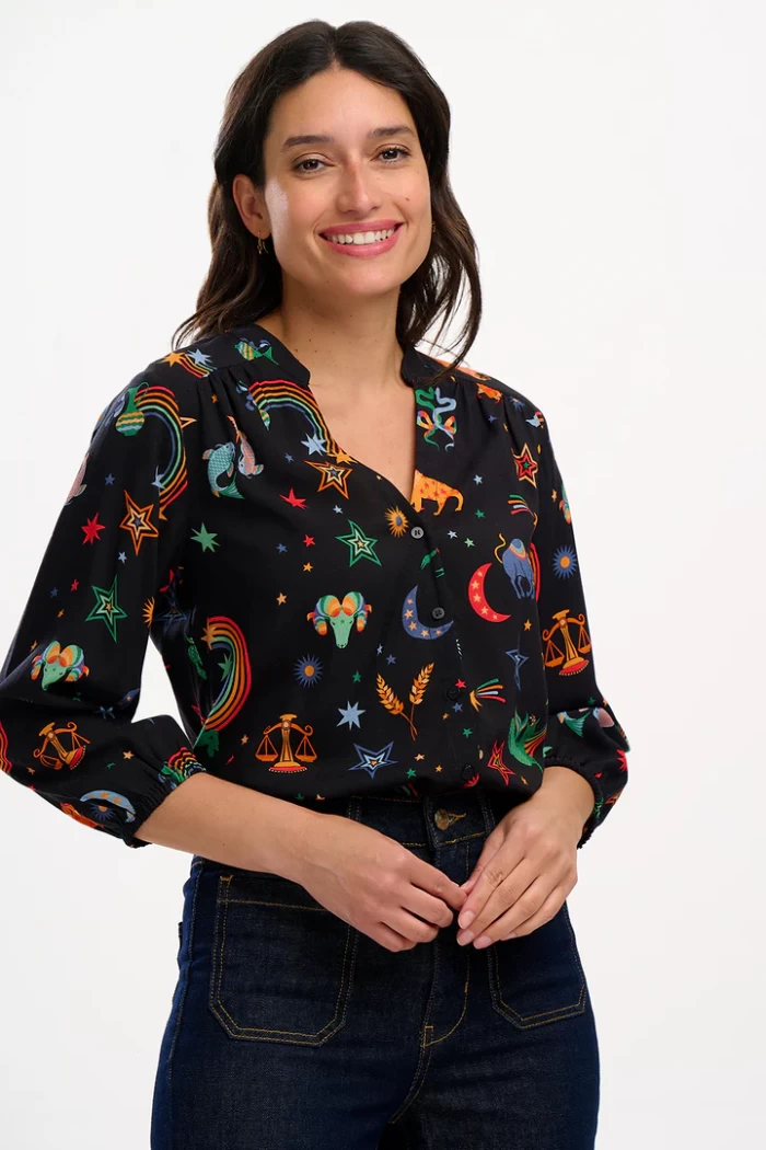 Elkie Blouse - Black, Zodiac Rainbow Skies -  Camisa astrologia , Zodiaco