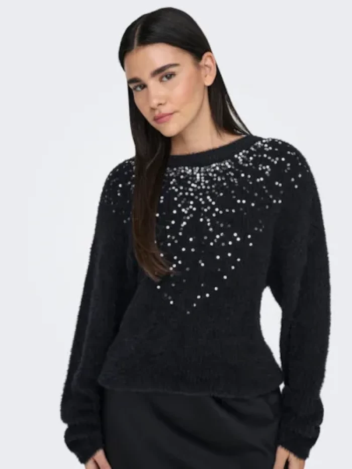 Jersey lentejuelas negro -ONLCLARIS LS SEQUINS O-NECK KNT