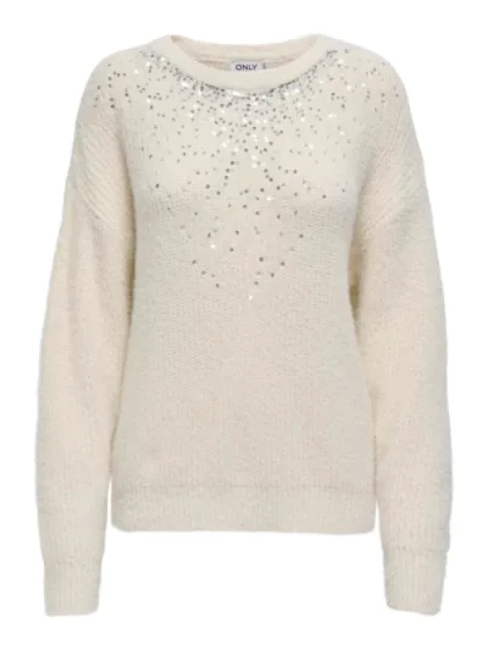 Jersey lentejuelas blanco -ONLCLARIS LS SEQUINS O-NECK KNT