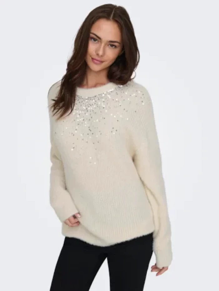 Jersey lentejuelas blanco -ONLCLARIS LS SEQUINS O-NECK KNT