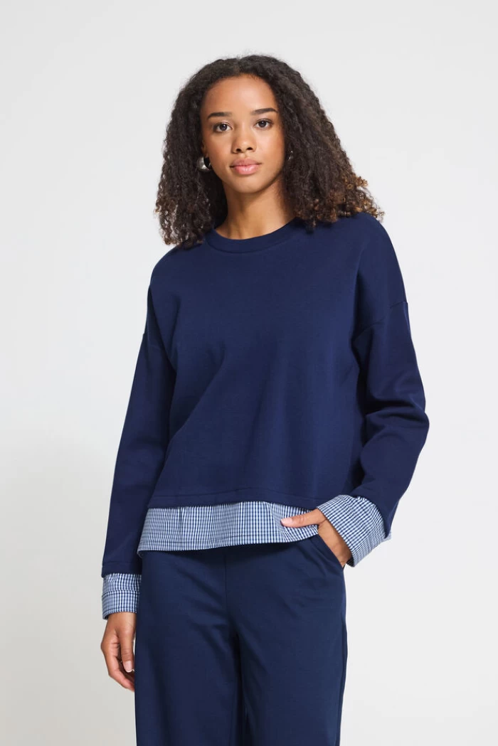 Sudadera azul marino con detalle camisa 20126552 Sweatshirt IHPINDA MIX SW ICHI