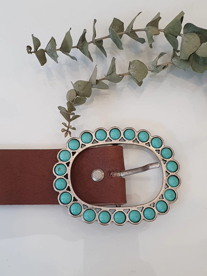 Cinturó de pell amb sivella decorada Turquesa-Marro
